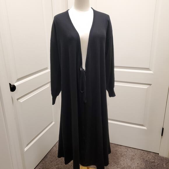 Vintage Clovis Ruffin Black Sz 10 M Tie Front Long Cardigan Wool Sweater Duster - Picture 1 of 15